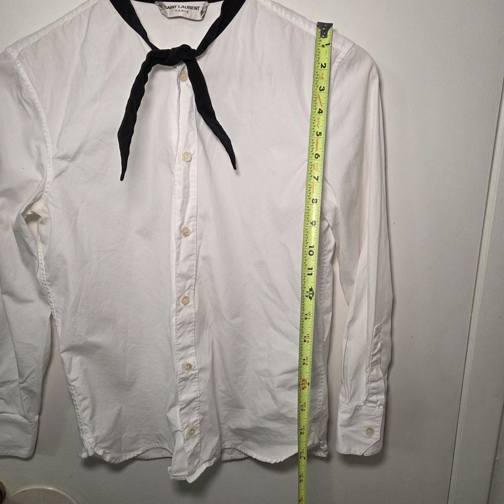 Saint Laurent Paris White Cotton Button Up Shirt Black Tie Neck Italy Designer - Picture 6 of 15